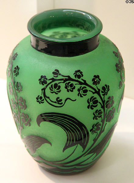 Acid-etched lead glass vase in Indian pattern (c1925-30) by Steuben at Wichita Art Museum. Wichita, KS.