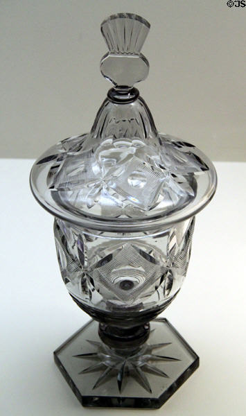Cut lead glass Moonlight covered urn (c1930) by Frederic Carder of Steuben at Wichita Art Museum. Wichita, KS.