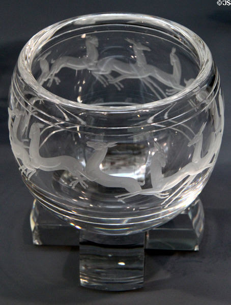 Engraved lead glass Gazelle Bowl (designed 1935) by Sidney Waugh of Steuben at Wichita Art Museum. Wichita, KS.