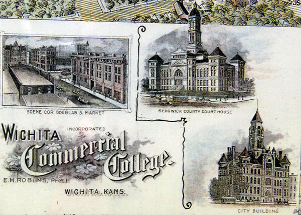 Map of Wichita (c1900) reproduction inset detail of main buildings at Great Plains Transportation Museum. Wichita, KS.