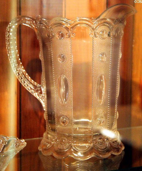 Kansas pressed glass pitcher in Jewel & Dewdrop pattern (1890s) by United States Glass Co. of Pittsburgh, PA at Sedgwick County Historical Museum. Wichita, KS.