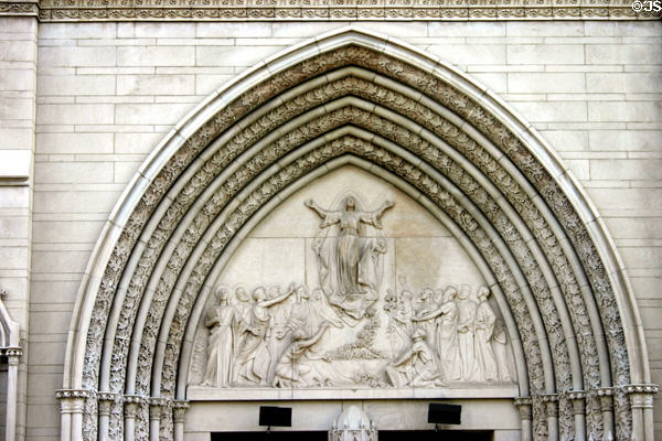 Relief of Assumption scene over front portal of Cathedral Basilica of the Assumption. Covington, KY.
