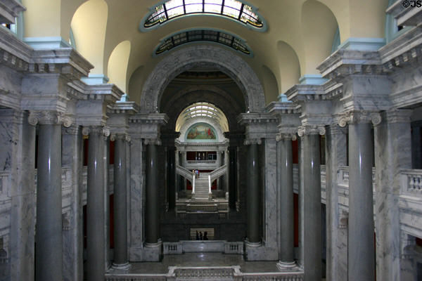 Kentucky State Capitol marble columns in sky lit corridor. Frankfort, KY.