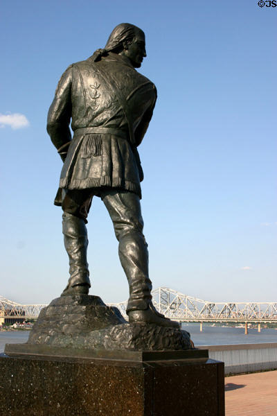 Statue of William Clark surveys Ohio River where Lewis & Clark started their journey of discovery to the west from Louisville. Louisville, KY.
