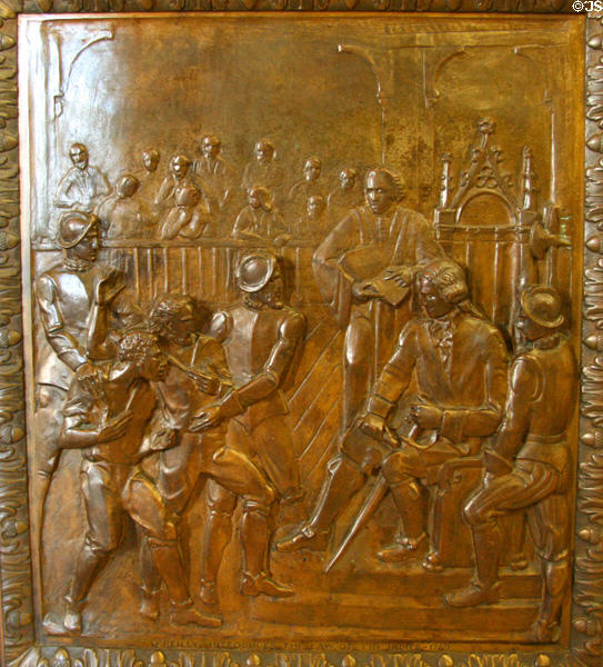 O'Reilly introduces the Law of the Indies (1769) bronze door panel in Louisiana State Capitol. Baton Rouge, LA.