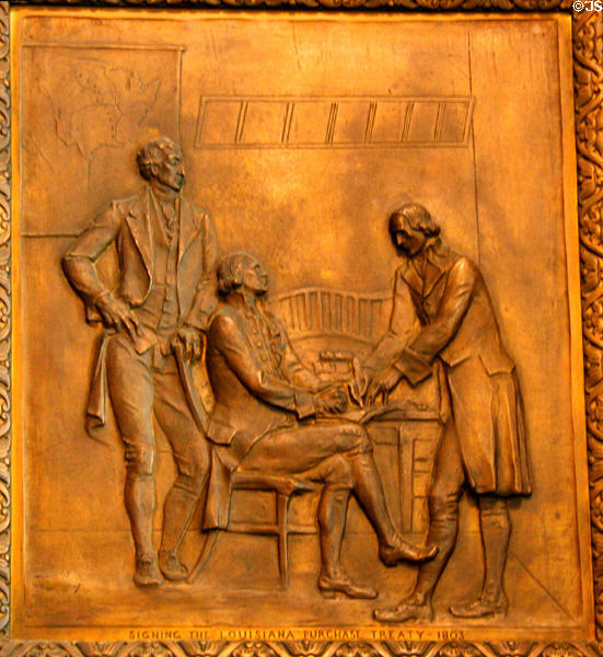Signing the Louisiana Purchase Treaty (1803) bronze door panel in Louisiana State Capitol. Baton Rouge, LA.