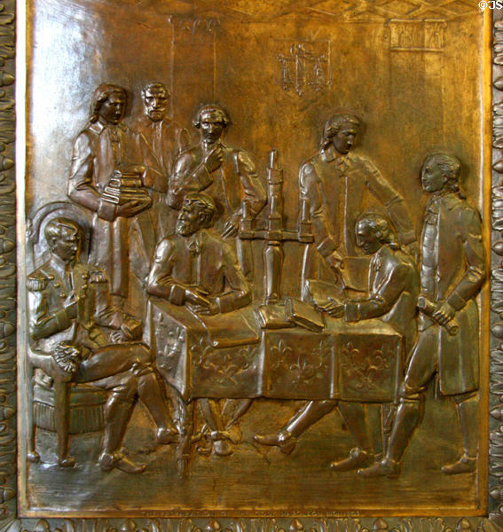 The preparation of the Code Napoleon (1801-03) bronze door panel in Louisiana State Capitol. Baton Rouge, LA.