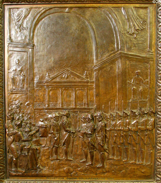Reception given to Lafayette (1824) bronze door panel in Louisiana State Capitol. Baton Rouge, LA.