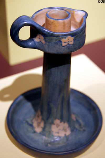 Newcomb Pottery blue candlestick with drip tray at Shaw Center for the Arts. Baton Rouge, LA.