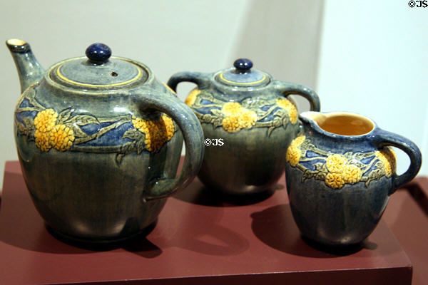 Newcomb Pottery coffeepot, sugar & creamer with yellow flowers at Shaw Center for the Arts. Baton Rouge, LA.