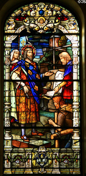 King Louis IX builds Sainte Chapelle in Paris (c1241) by German stained glass Oidtmann studios (1929) in St Louis Cathedral. New Orleans, LA.