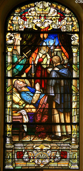 Death of King Louis IX in Tunis (Aug. 25, 1270) by German stained glass Oidtmann studios (1929) in St Louis Cathedral. New Orleans, LA.