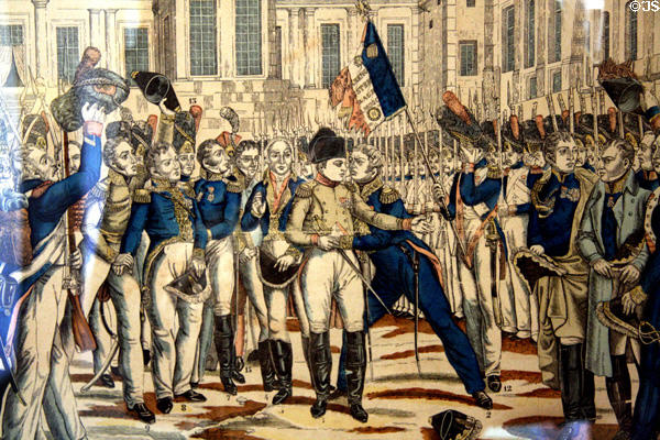 Print of Napoleon saying farewell at Fontainebleau before departure into exile on Elba (19thC) by Pellerin & Co. at Cabildo Museum. New Orleans, LA.