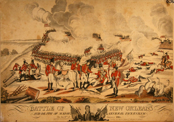 Print of death of British General Pakenham at Battle of New Orleans (c1815) by Joseph Yeager at Cabildo Museum. New Orleans, LA.