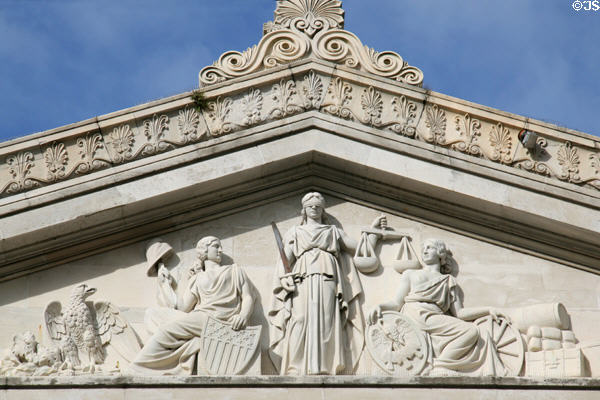 Gallier Hall pediment relief with blind justice & Greek symbols. New Orleans, LA.