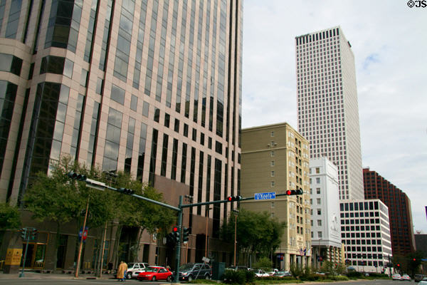 Streetscape along Poydras St. with First Bank & Trust Tower, Homewood Suites, Le Pavillon, Shell Square & Pan American Life Center. New Orleans, LA.