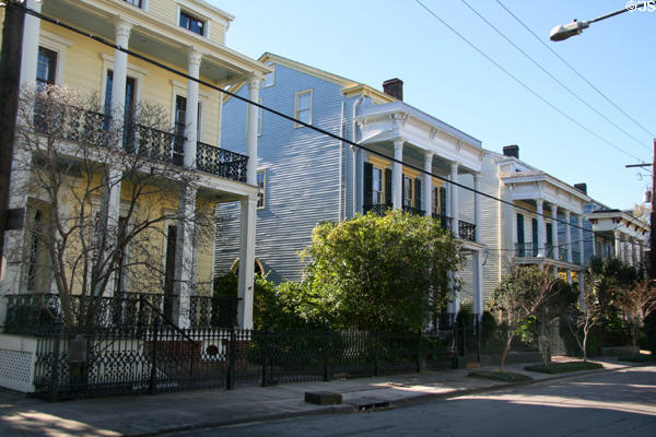 Row of double galleried homes (2700-26 Coliseum St.) called Freret's folley in Garden District. New Orleans, LA. Architect: William A. Freret.