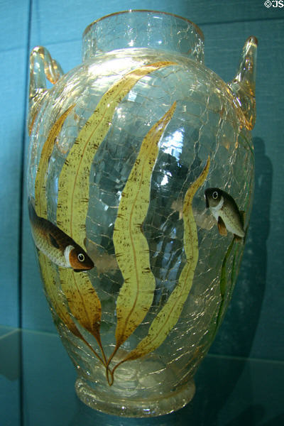 Vase painted with fish (c1885) by Thomas Webb & Sons of Stourbridge, England, at New Orleans Museum of Art. New Orleans, LA.