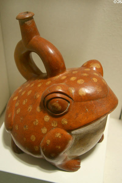 Moche terracotta stirrup vessel in form of frog (100-200) from North Coast of Peru at New Orleans Museum of Art. New Orleans, LA.