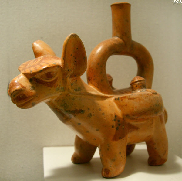 Moche terracotta stirrup vessel in form of llama (100-200) from North Coast of Peru at New Orleans Museum of Art. New Orleans, LA.
