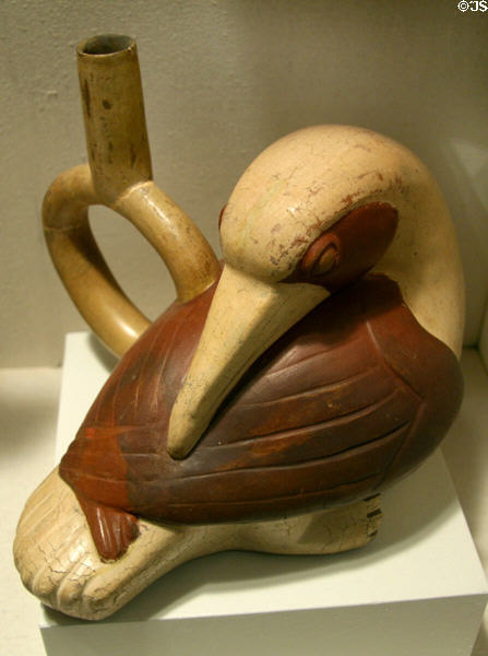 Moche terracotta stirrup vessel in form of water fowl (100-200) from North Coast of Peru at New Orleans Museum of Art. New Orleans, LA.
