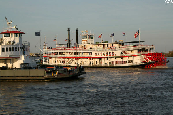 Natchez steamboat passes Crescent City Connection ferry on Mississippi River. New Orleans, LA.