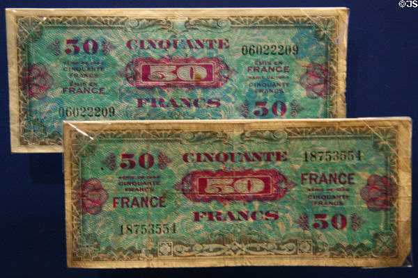 French currency issued to troops for D-Day landing at National World War II Museum. New Orleans, LA.
