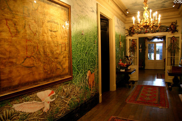 Entry hall of Houmas House painted with nature scenes. Burnside, LA.