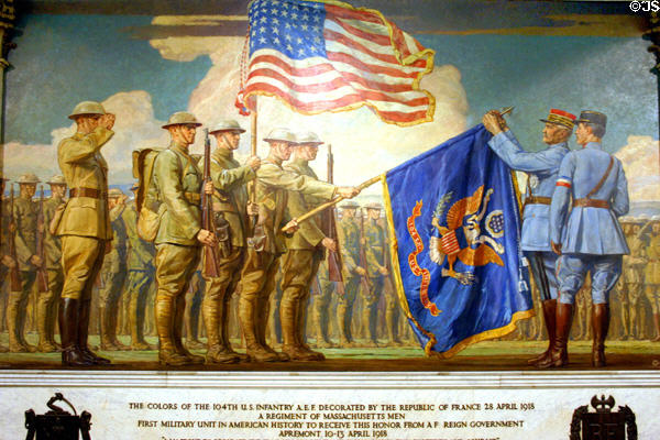 Mural of a Massachusetts Regiment being decorated by France in WW I outside House chamber in State House. Boston, MA.