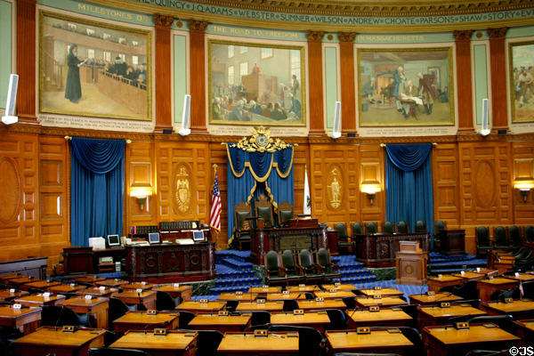 House chamber of Massachusetts State House at floor level. Boston, MA.