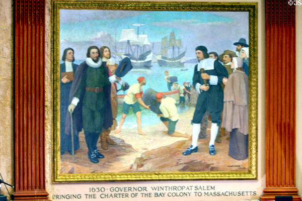 Mural of Bay Colony Charter being landed at Salem by Governor Winthrop (1630) in House chamber of Massachusetts State House. Boston, MA.