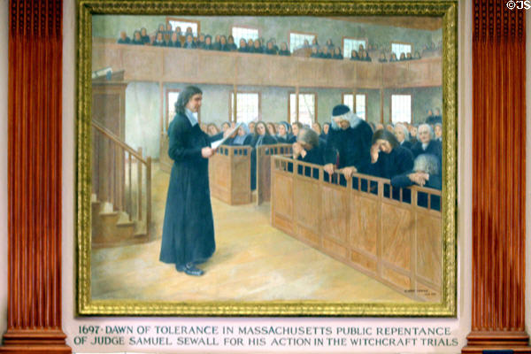 Mural of Judge Samuel Sewall's act of repentance for the Salem Witchcraft Trials (1697) in House chamber of Massachusetts State House. Boston, MA.