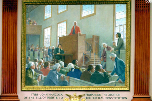 Mural of John Hancock proposing the Bill of Rights to the American Constitution (1788) in House chamber of Massachusetts State House. Boston, MA.