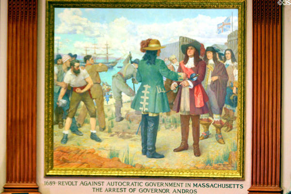Mural of revolt of 1689 against autocratic government of Governor Andros in House chamber of Massachusetts State House. Boston, MA.