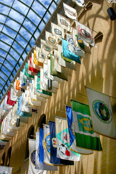 Atrium of Massachusetts State House with city flags. Boston, MA.