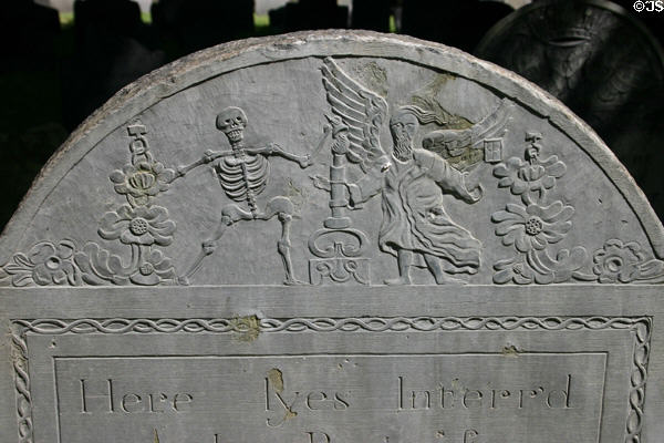 Tombstone with skeleton & angel in King's Chapel Burying Ground. Boston, MA.