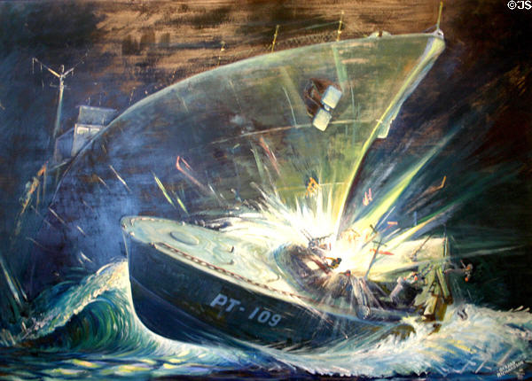 Kennedy's PT109 being sliced in two by WWII Japanese destroyer Amagiri in painting by Gerard Richardson in JFK Library. Boston, MA.