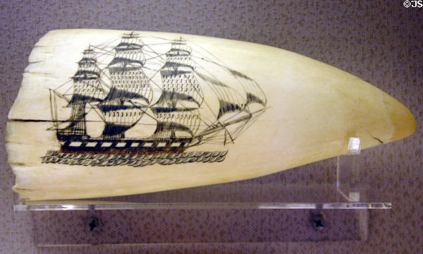 Ship engraved on whale's tooth, part of Kennedy's scrimshaw collection in JFK Library. Boston, MA.