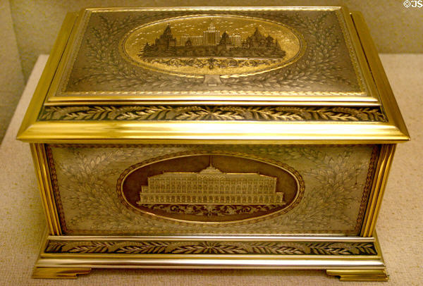 Silver & gold humidor with Kremlin scenes presented to Kennedy by Nikita Khrushchev in JFK Library. Boston, MA.