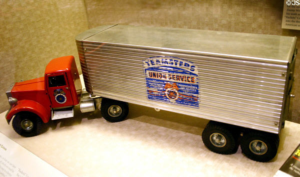 Teamsters model truck once used by the Kennedy's as evidence of Teamster Union corruption during Senate hearings in JFK Library. Boston, MA.