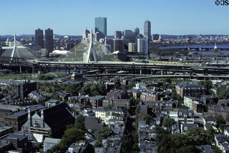 View of downtown Boston & Zakim Bunker Hill Bridge from Bunker Hill. Boston, MA.