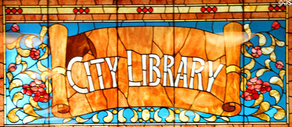 Stained glass window of Lowell Memorial Hall Library. Lowell, MA.