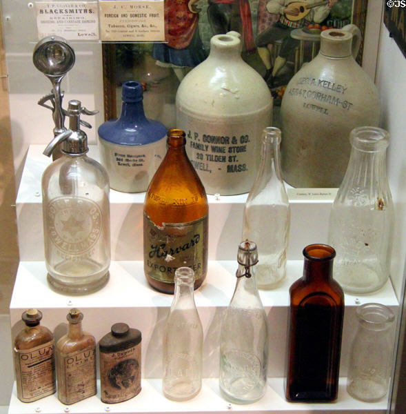 Glass bottles & ceramic jugs at Boott Cotton Mills Boarding House immigrant gallery. Lowell, MA.