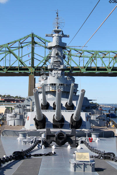 Forward turrets with 16" guns of Battleship Massachusetts against Interstate bridge. Fall River, MA.