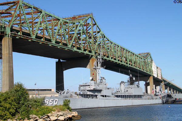Charles S Braga Bridge (I-195) above destroyer USS Joseph P. Kennedy Jr. at Battleship Cove. Fall River, MA.