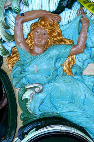 Woman carved on chariot of Fall River Carousel. Fall River, MA.