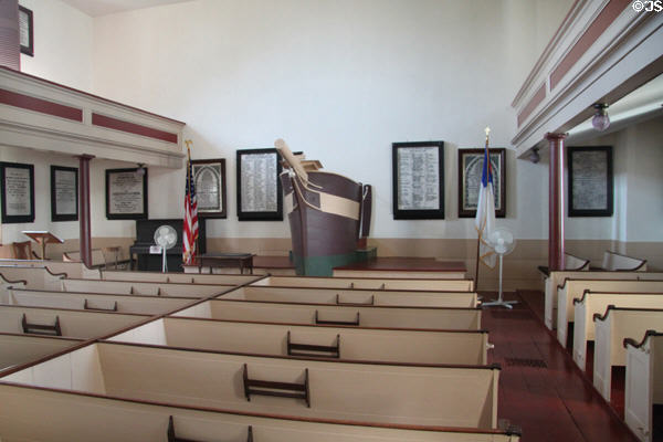 Interior of Seaman's Bethel with box pews & ship-prow pulpit. New Bedford, MA.
