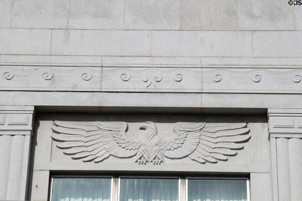 Carved eagle relief on library annex of New Bedford Whaling Museum. New Bedford, MA.