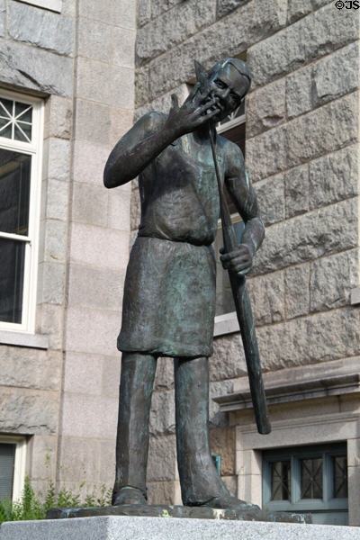 Sculpture of Lewis Temple (blacksmith inventor of iron toggle harpoon tip in 1848) monument (1987) by Jim Toatley at New Bedford Free Public Library. New Bedford, MA.