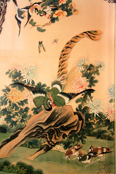 Exotic birds painted on antique imported oriental wallpaper Rotch-Jones-Duff House. New Bedford, MA.